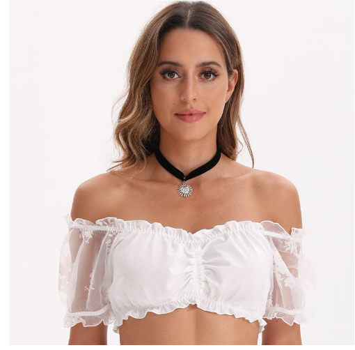Camicetta Dirndl - Pizzo - Maniche corte - Top Dirndl - Abito da Oktoberfest Donna-Bianco Spalle scoperte-S-Modasso