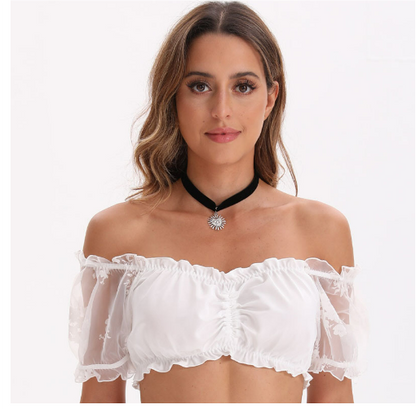 Camicetta Dirndl - Pizzo - Maniche corte - Top Dirndl - Abito da Oktoberfest Donna-Bianco Spalle scoperte-S-Modasso