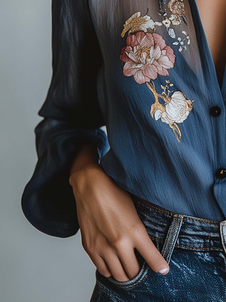 Camicetta da donna blu trasparente con stampa floreale e bottoni vista posteriore