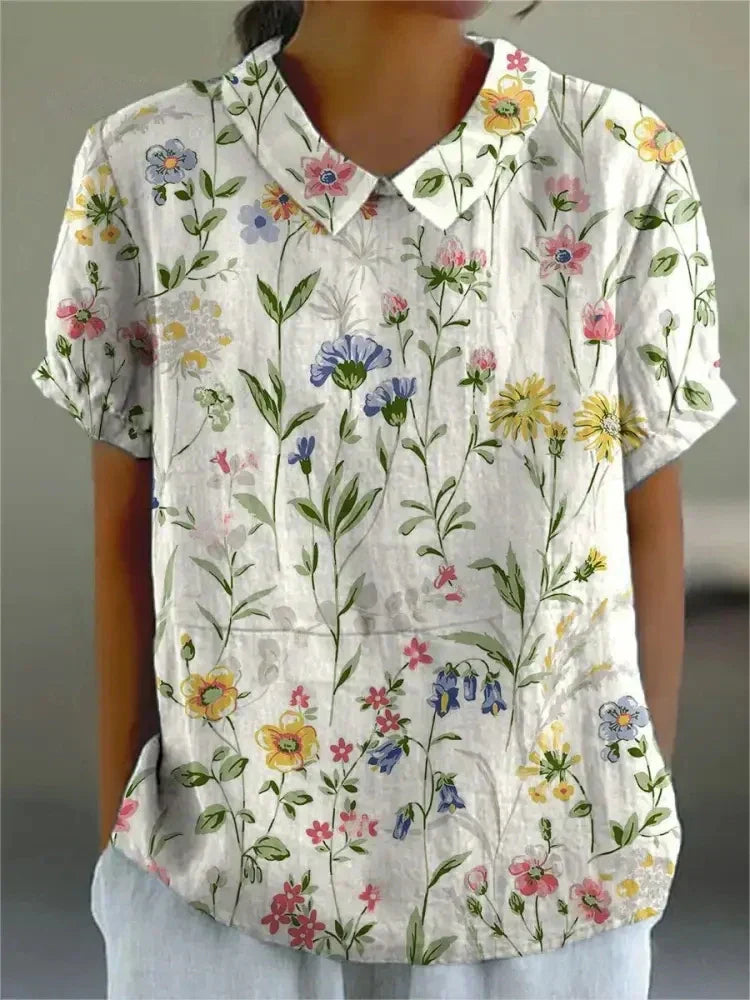 Camicetta Floreale, Manica Corta, Vestibilità Ampia, Camicetta con Colletto, Top Estivo da Donna-Modaso