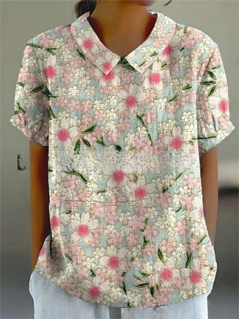 Camicetta Floreale, Manica Corta, Vestibilità Ampia, Camicetta con Colletto, Top Estivo da Donna-Modaso