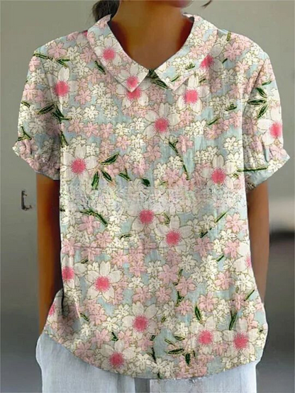 Camicetta Floreale, Manica Corta, Vestibilità Ampia, Camicetta con Colletto, Top Estivo da Donna-Modaso