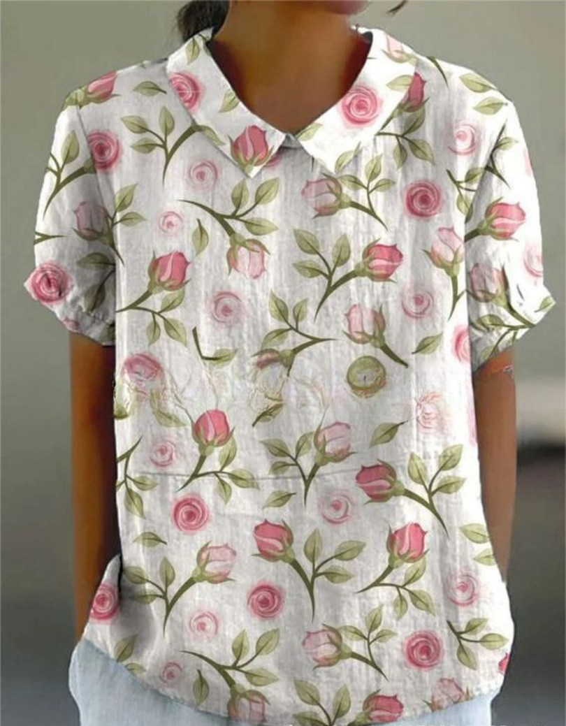 Camicetta Floreale, Manica Corta, Vestibilità Ampia, Camicetta con Colletto, Top Estivo da Donna-Modaso