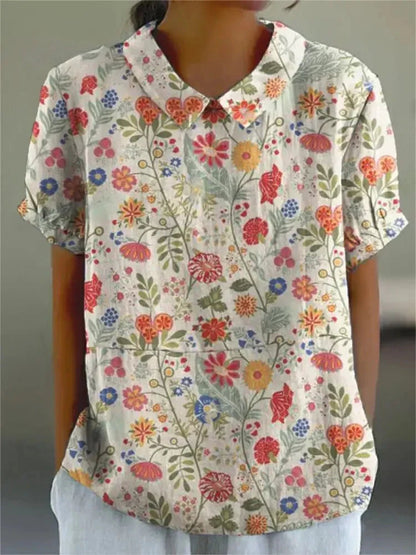 Camicetta Floreale, Manica Corta, Vestibilità Ampia, Camicetta con Colletto, Top Estivo da Donna-Modaso