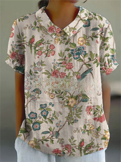 Camicetta Floreale, Manica Corta, Vestibilità Ampia, Camicetta con Colletto, Top Estivo da Donna-Modaso