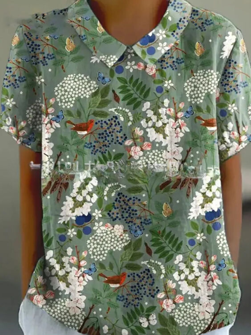 Camicetta Floreale, Manica Corta, Vestibilità Ampia, Camicetta con Colletto, Top Estivo da Donna-Modaso