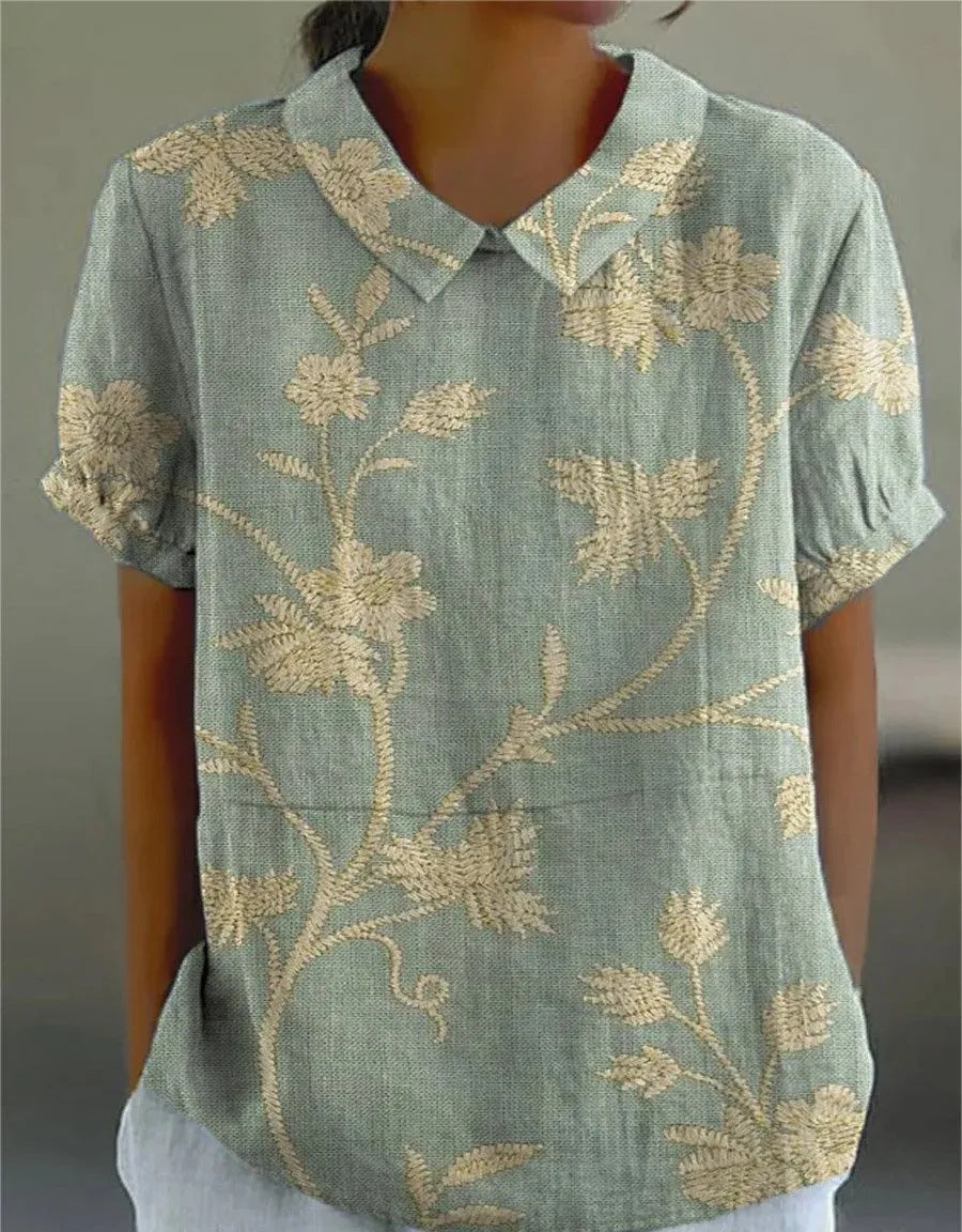Camicetta Floreale, Manica Corta, Vestibilità Ampia, Camicetta con Colletto, Top Estivo da Donna-Modaso
