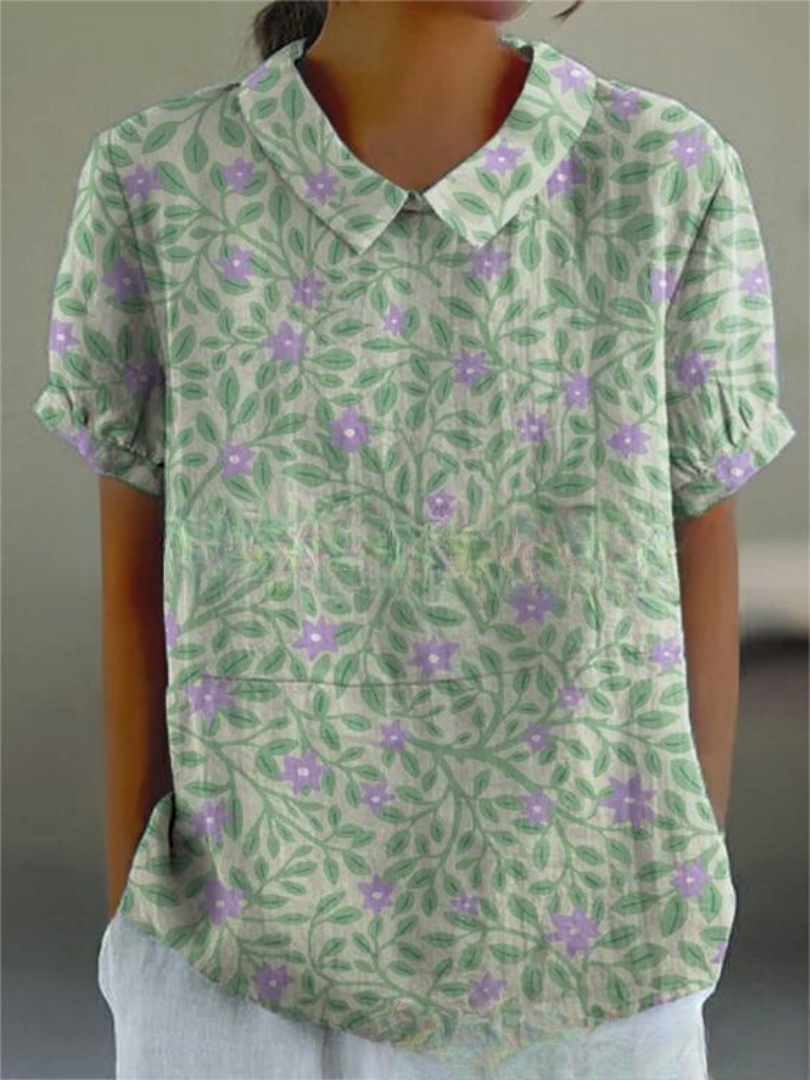 Camicetta Floreale, Manica Corta, Vestibilità Ampia, Camicetta con Colletto, Top Estivo da Donna-Modaso