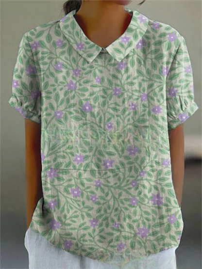 Camicetta Floreale, Manica Corta, Vestibilità Ampia, Camicetta con Colletto, Top Estivo da Donna-Modaso