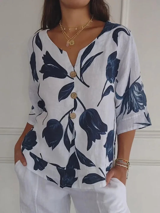 Camicetta Floreale | Oversize | Vestibilità ampia | Camicetta abbottonata | Abbigliamento donna-Bianco-S-Modasso