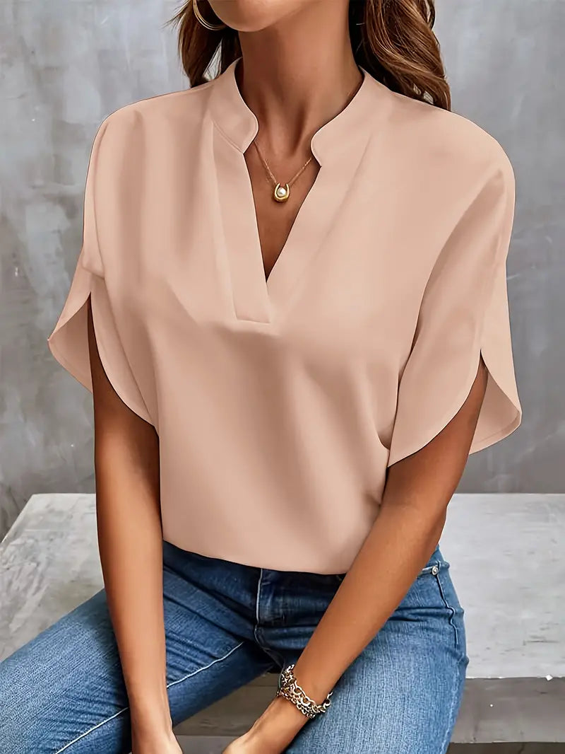 Camicetta - Scollo a V - Maniche corte - Camicetta di raso - Abbigliamento femminile-Albicocca-S-Modasso