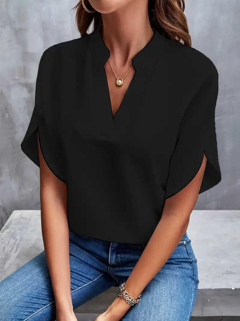 Camicetta - Scollo a V - Maniche corte - Camicetta di raso - Abbigliamento femminile-Nero-S-Modasso