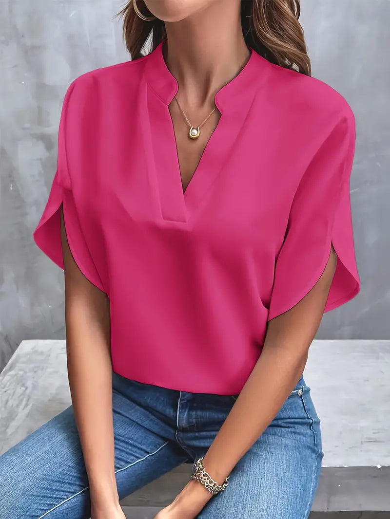 Camicetta - Scollo a V - Maniche corte - Camicetta di raso - Abbigliamento femminile-Rosa-S-Modasso
