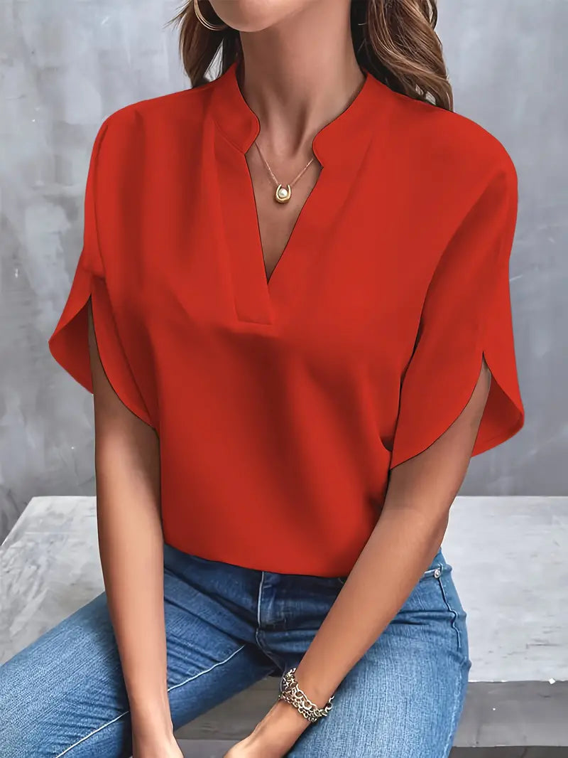 Camicetta - Scollo a V - Maniche corte - Camicetta di raso - Abbigliamento femminile-Rosso-S-Modasso
