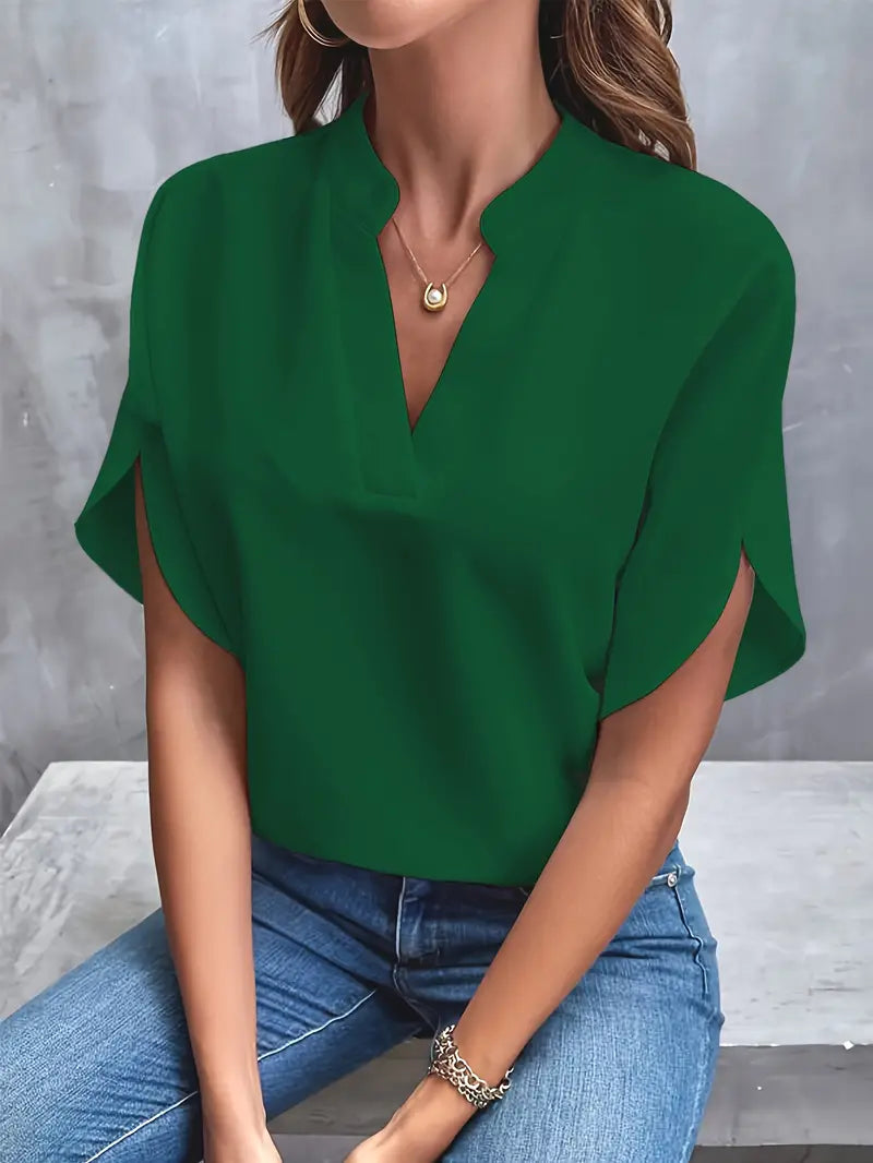 Camicetta - Scollo a V - Maniche corte - Camicetta di raso - Abbigliamento femminile-Verde-S-Modasso