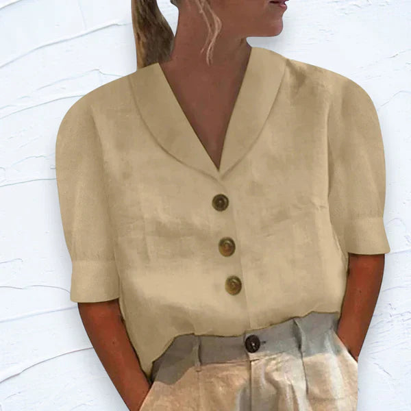 Camicetta a maniche corte - Abbottonata - Con colletto - Top a maniche corte - Abbigliamento donna-Beige-S-Modasso