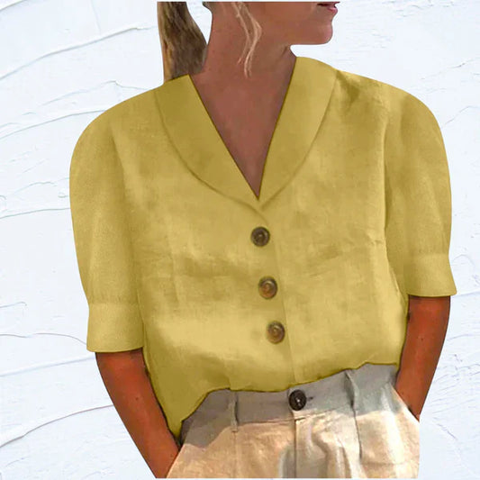 Camicetta a maniche corte - Abbottonata - Con colletto - Top a maniche corte - Abbigliamento donna-Giallo-S-Modasso