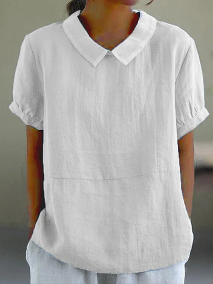 Camicetta a maniche corte - Top da donna con colletto e maniche corte, vestibilità ampia-Bianco-S-Modasso