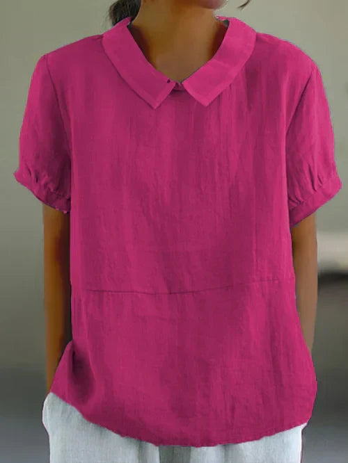Camicetta a maniche corte - Top da donna con colletto e maniche corte, vestibilità ampia-Rosa Scuro-S-Modasso