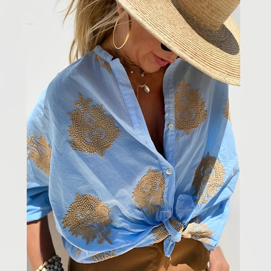 Camicetta abbottonata - Oversize - Manica lunga - Camicetta boho - Top estivi da donna-Blu-S-Modasso