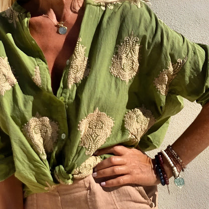 Camicetta abbottonata - Oversize - Manica lunga - Camicetta boho - Top estivi da donna-Verde-S-Modasso