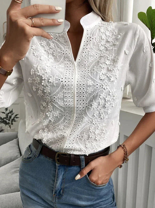 Camicetta bianca - Camicetta da donna elegante a maniche corte ricamata-Modasso