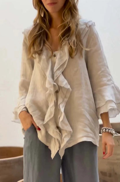 Camicetta con volant - Camicetta da donna ampia con scollo a V e maniche lunghe-Beige-S-Modasso