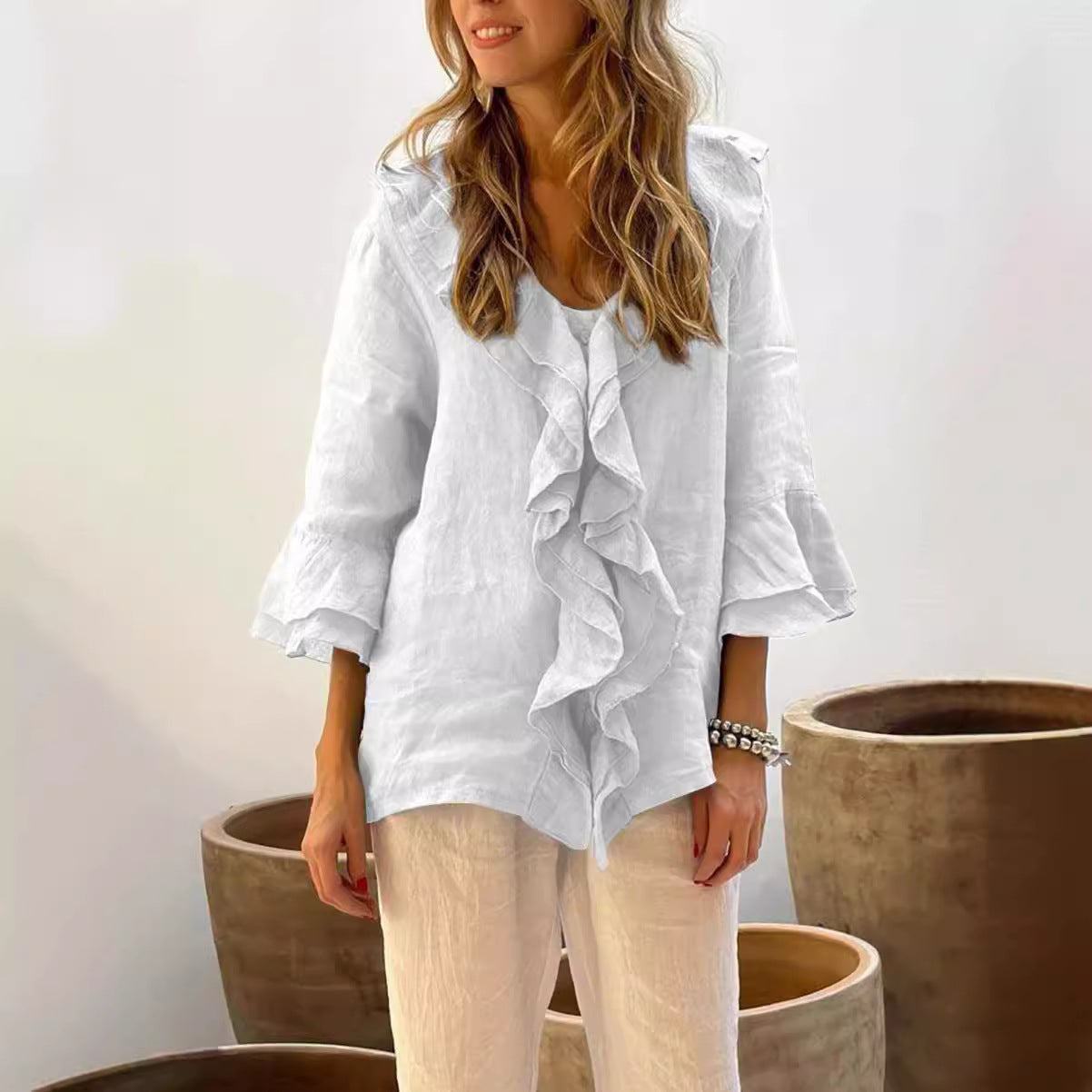 Camicetta con volant - Camicetta da donna ampia con scollo a V e maniche lunghe-Bianco-S-Modasso