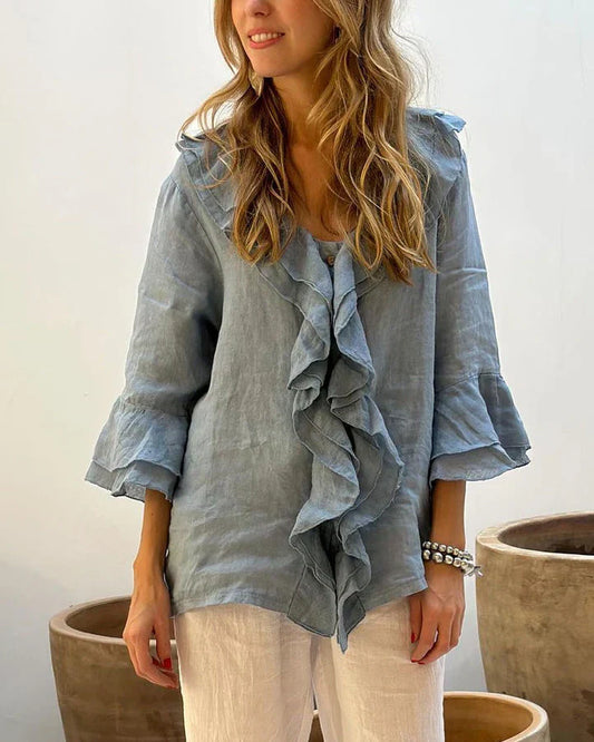 Camicetta con volant - Camicetta da donna ampia con scollo a V e maniche lunghe-Blu-S-Modasso