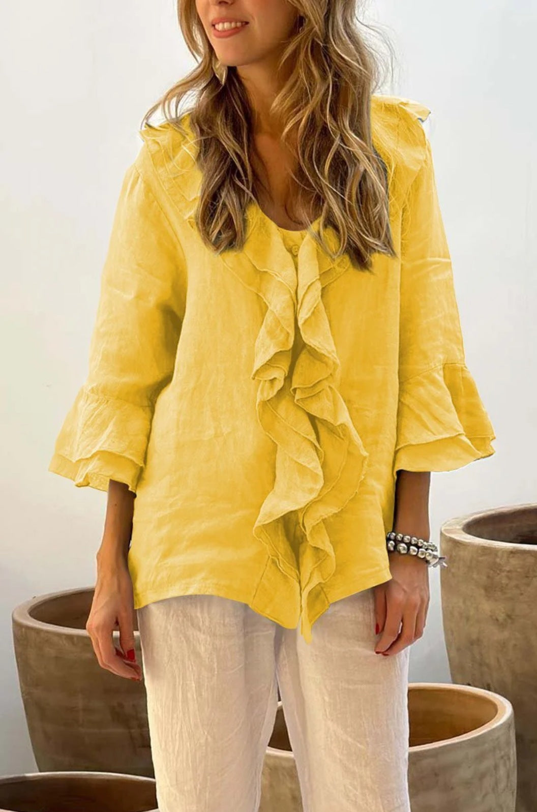 Camicetta con volant - Camicetta da donna ampia con scollo a V e maniche lunghe-Giallo-S-Modasso