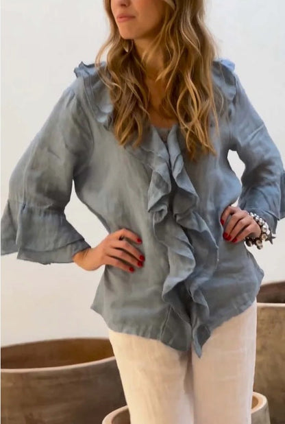 Camicetta con volant - Camicetta da donna ampia con scollo a V e maniche lunghe-Modasso
