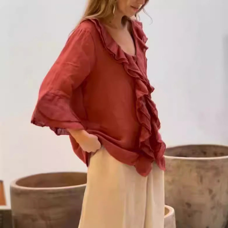 Camicetta con volant - Camicetta da donna ampia con scollo a V e maniche lunghe-Rosso-S-Modasso