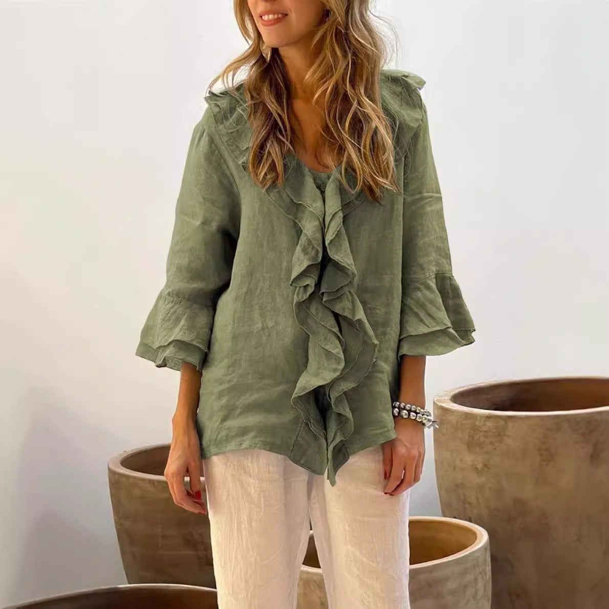 Camicetta con volant - Camicetta da donna ampia con scollo a V e maniche lunghe-Verde-S-Modasso