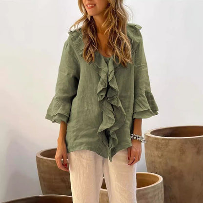 Camicetta con volant - Camicetta da donna ampia con scollo a V e maniche lunghe-Verde-S-Modasso