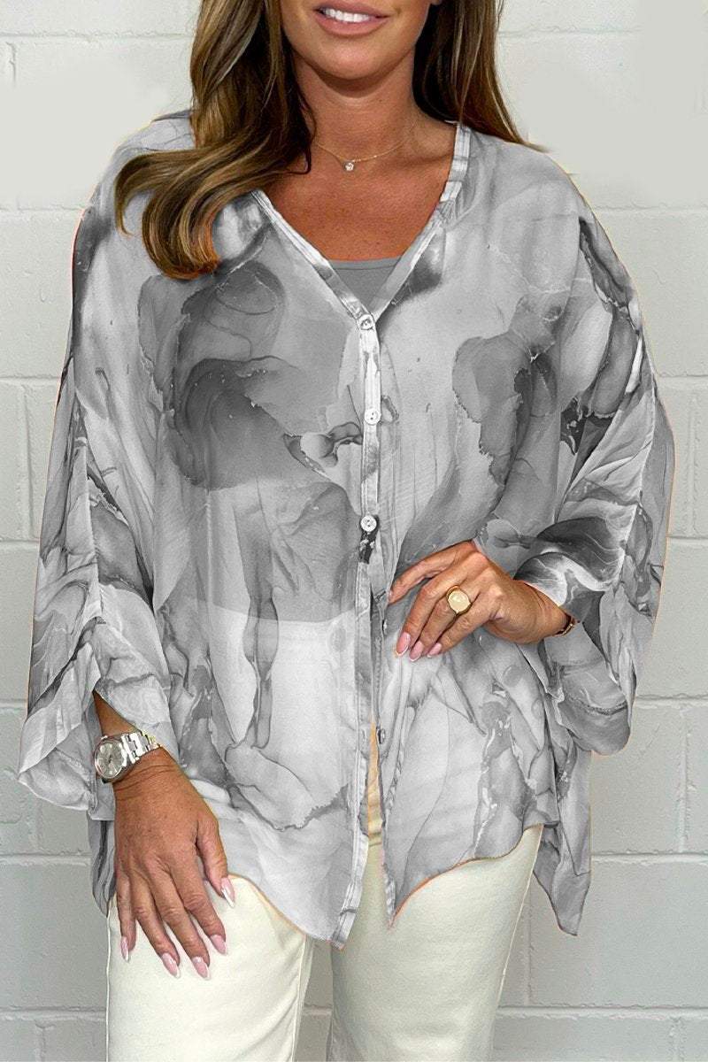 Camicetta da donna - Stampata - Vestibilità ampia - Camicetta trasparente - Camicetta abbottonata-Grigio-S-Modasso