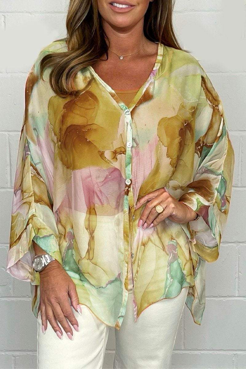 Camicetta da donna - Stampata - Vestibilità ampia - Camicetta trasparente - Camicetta abbottonata-Marrone e Rosa-S-Modasso