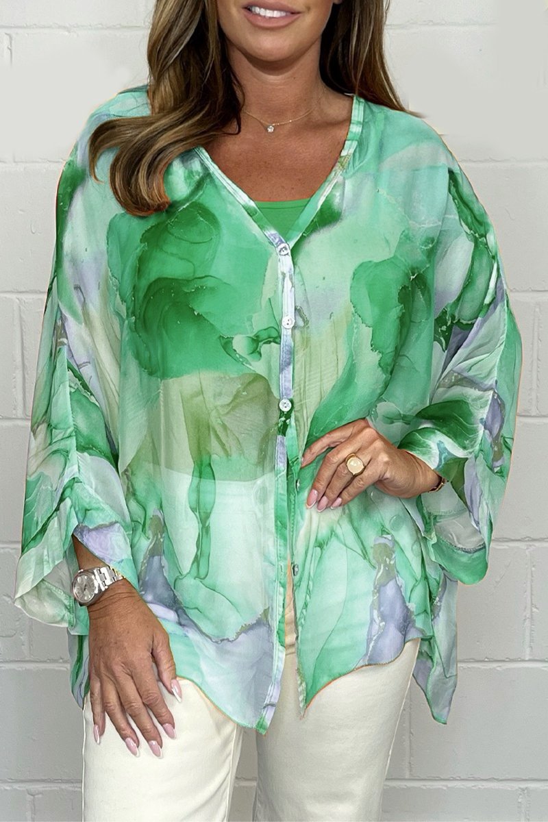 Camicetta da donna - Stampata - Vestibilità ampia - Camicetta trasparente - Camicetta abbottonata-Verde e Viola-S-Modasso