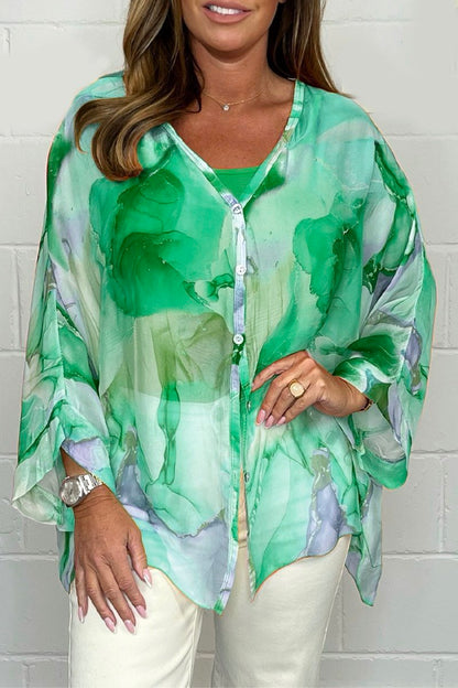 Camicetta da donna - Stampata - Vestibilità ampia - Camicetta trasparente - Camicetta abbottonata-Verde e Viola-S-Modasso