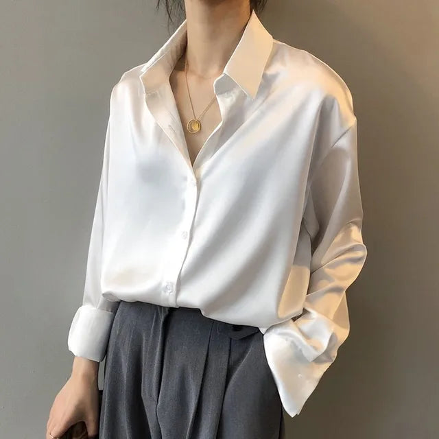 Camicetta di raso - Elegante - Manica lunga - Camicetta con bottoni - Camicie di raso per donne-Bianco-S-Modasso