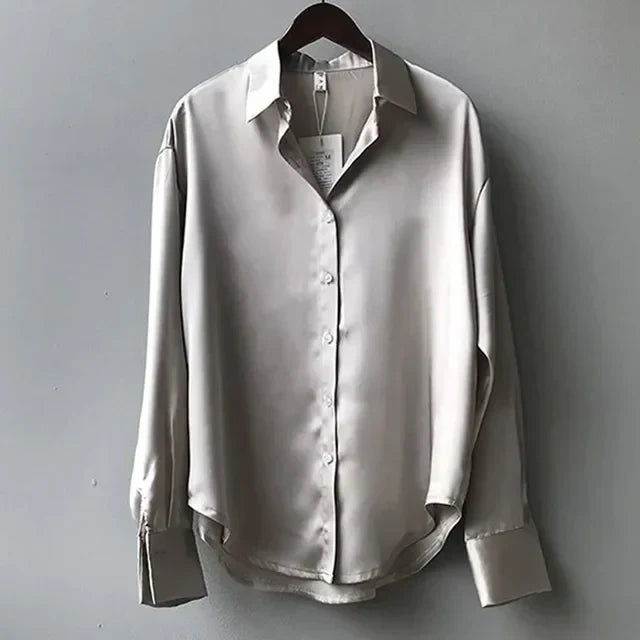 Camicetta di raso - Elegante - Manica lunga - Camicetta con bottoni - Camicie di raso per donne-Grigio-S-Modasso