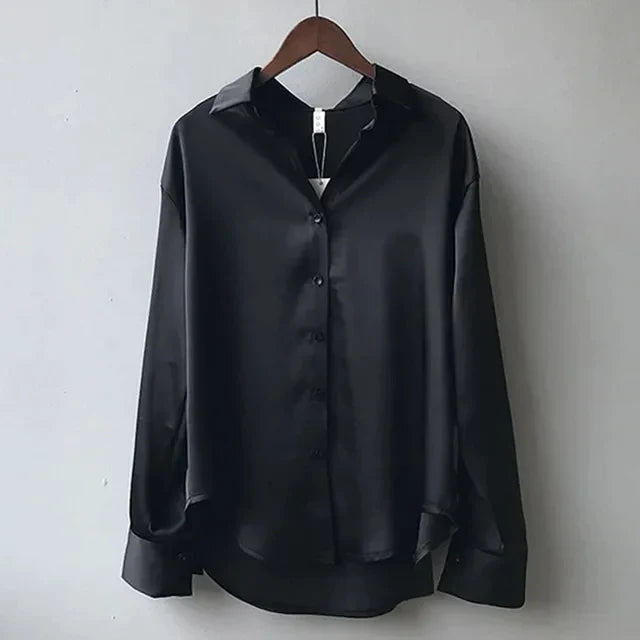 Camicetta di raso - Elegante - Manica lunga - Camicetta con bottoni - Camicie di raso per donne-Nero-S-Modasso