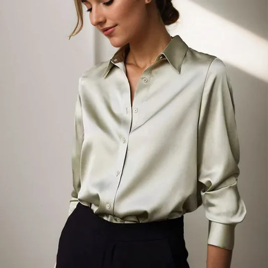 Camicetta di raso - Elegante - Manica lunga - Camicetta con bottoni - Camicie di raso per donne-Verde-S-Modasso