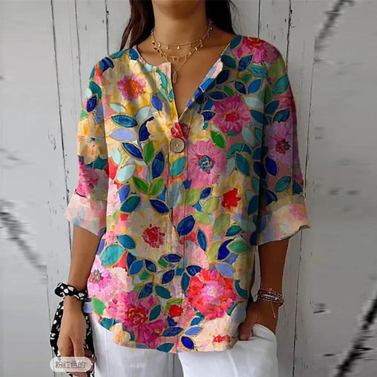 Camicetta floreale - Camicia casual da donna con stampa, vestibilità ampia e abbottonatura-Multicolore 2-S-Modasso