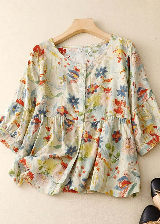 Camicetta floreale - Camicia di lino da donna a manica lunga e allentata con bottone-Modasso