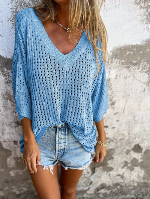 Camicetta in Maglia - Vestibilità ampia - Scollo a V - Top in maglia a maniche corte - Top in maglia da donna-Azzurro-S-Modasso