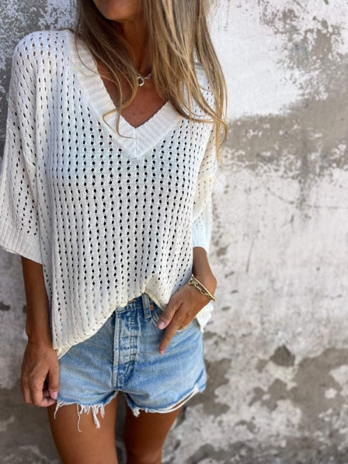Camicetta in Maglia - Vestibilità ampia - Scollo a V - Top in maglia a maniche corte - Top in maglia da donna-Bianco-S-Modasso