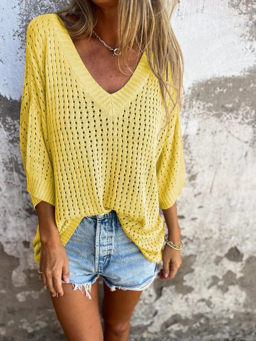Camicetta in Maglia - Vestibilità ampia - Scollo a V - Top in maglia a maniche corte - Top in maglia da donna-Giallo Chiaro-S-Modasso