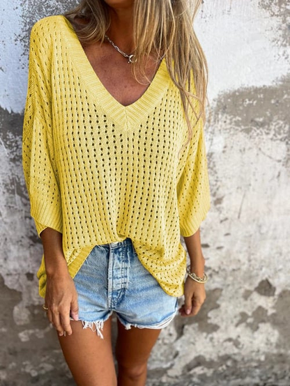 Camicetta in Maglia - Vestibilità ampia - Scollo a V - Top in maglia a maniche corte - Top in maglia da donna-Giallo Chiaro-S-Modasso