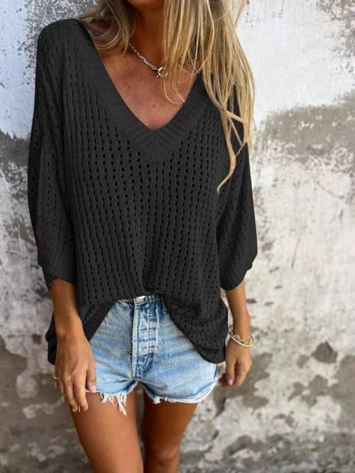 Camicetta in Maglia - Vestibilità ampia - Scollo a V - Top in maglia a maniche corte - Top in maglia da donna-Nero-S-Modasso