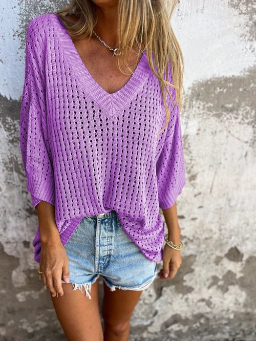 Camicetta in Maglia - Vestibilità ampia - Scollo a V - Top in maglia a maniche corte - Top in maglia da donna-Viola-S-Modasso